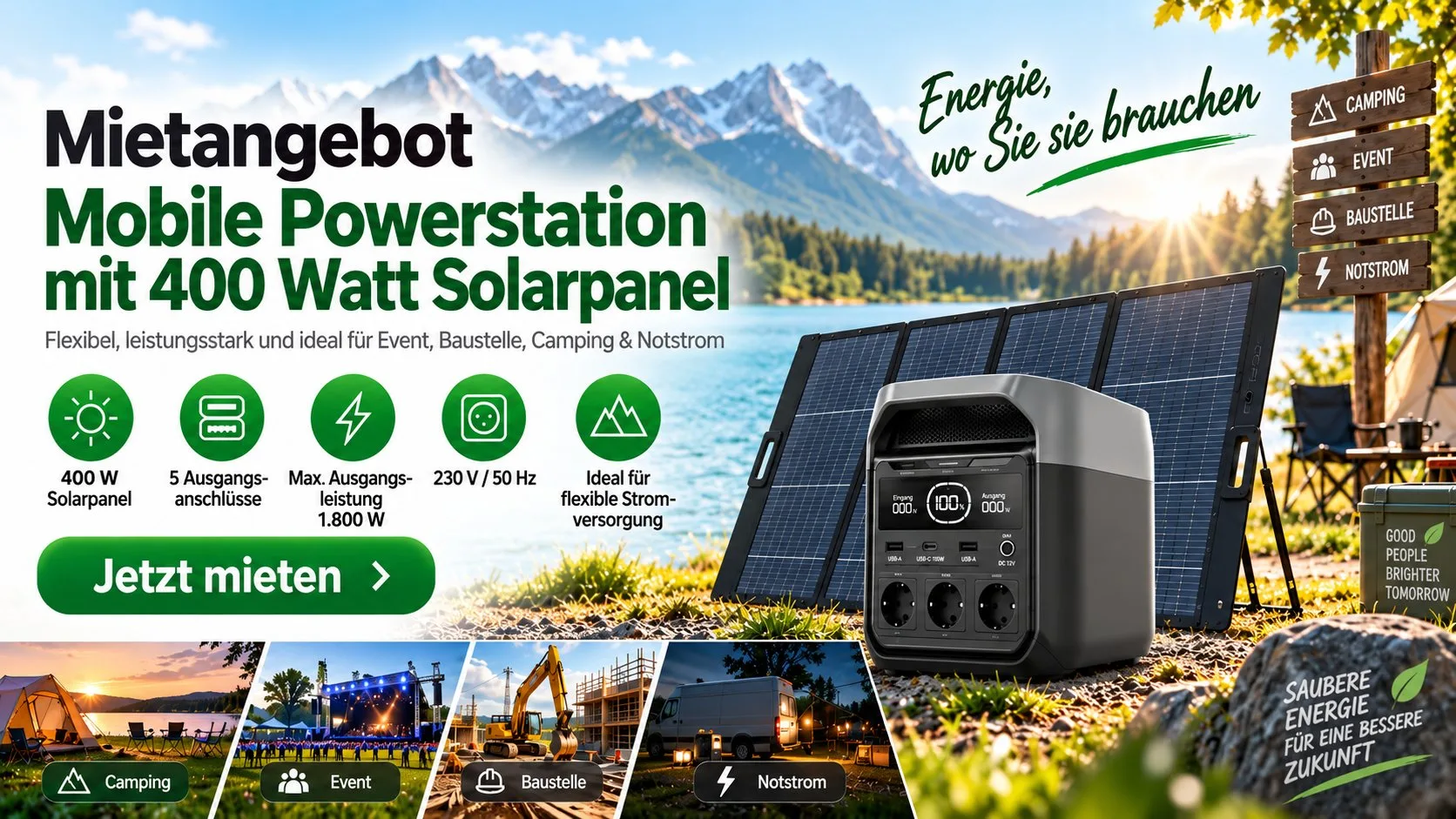 Mobile Powerstation mit Solarpanel mieten