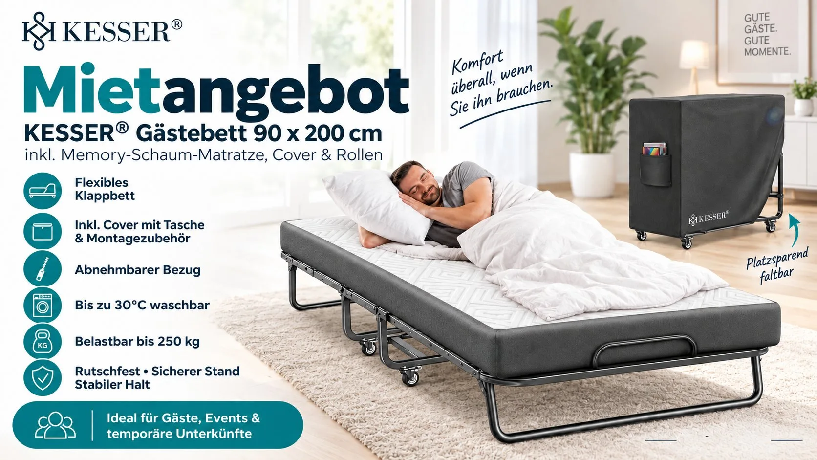 Gästebett 90 × 200 cm belastbar bis 250 kg