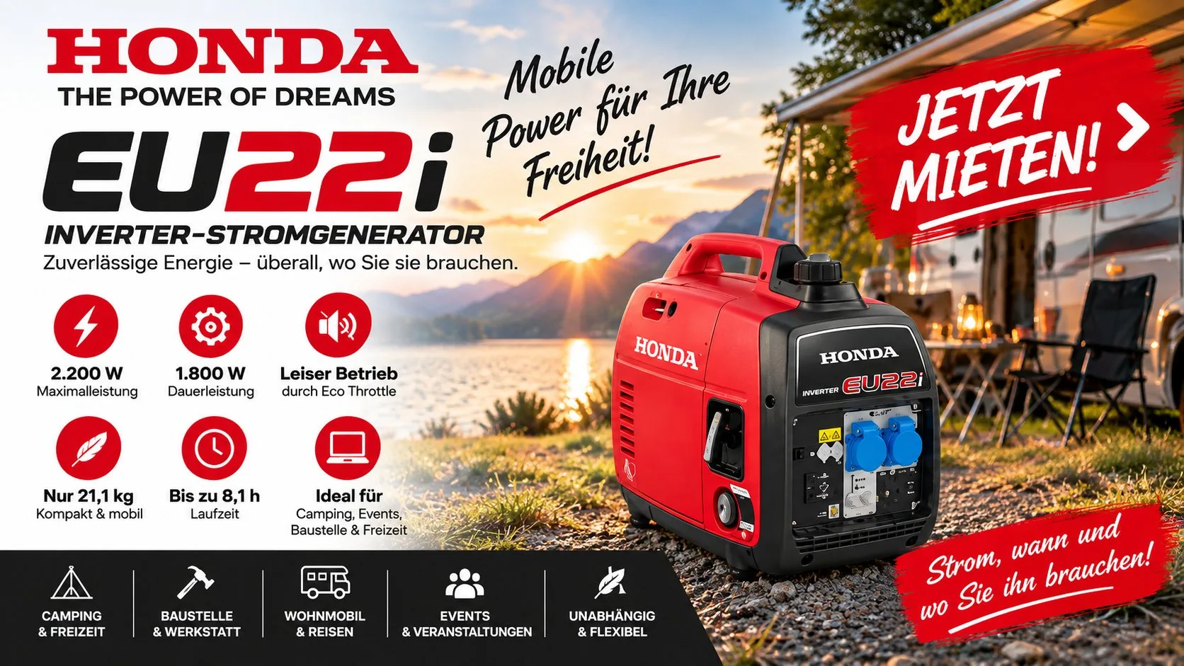 Tragbarer leiser Inverter-Stromerzeuger 2.2 kW - Dauerleistung 1.8 kW - 230V